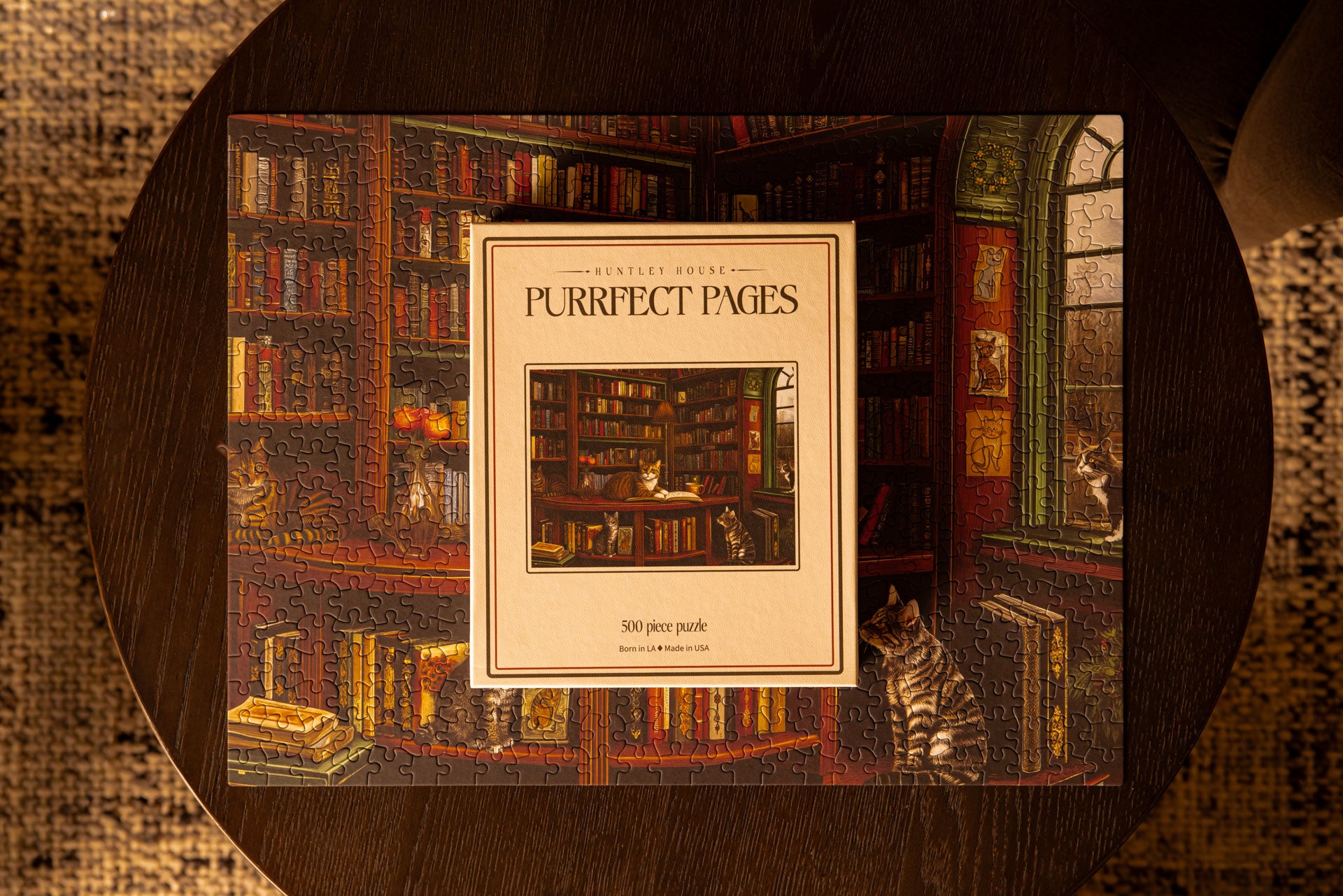 Perfect Pages puzzle cover featuring a cat in a library setting, framed by a wooden border.