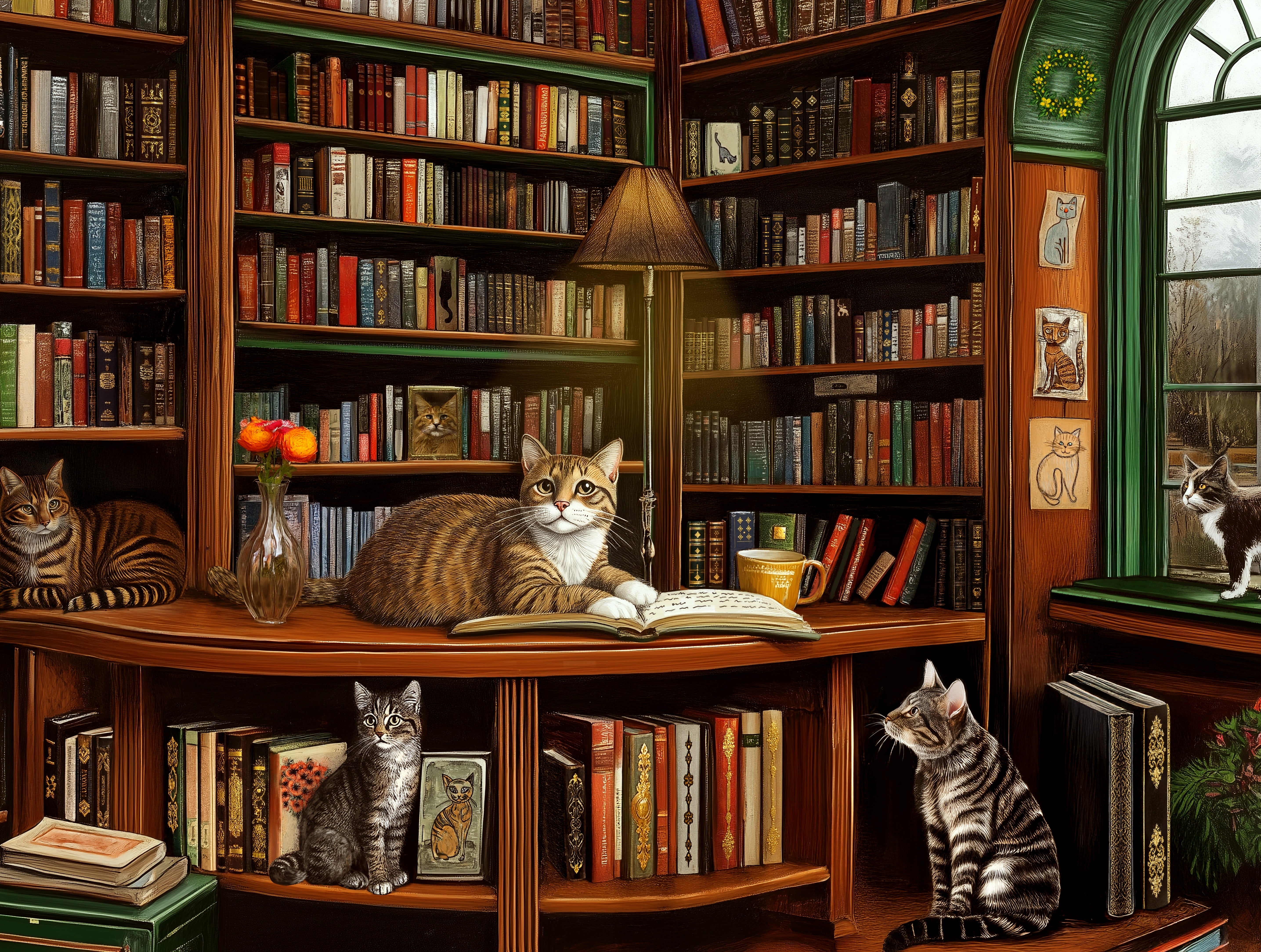 Purrfect Cat sitting on a bookshelf with books and decorative items in a cozy room.