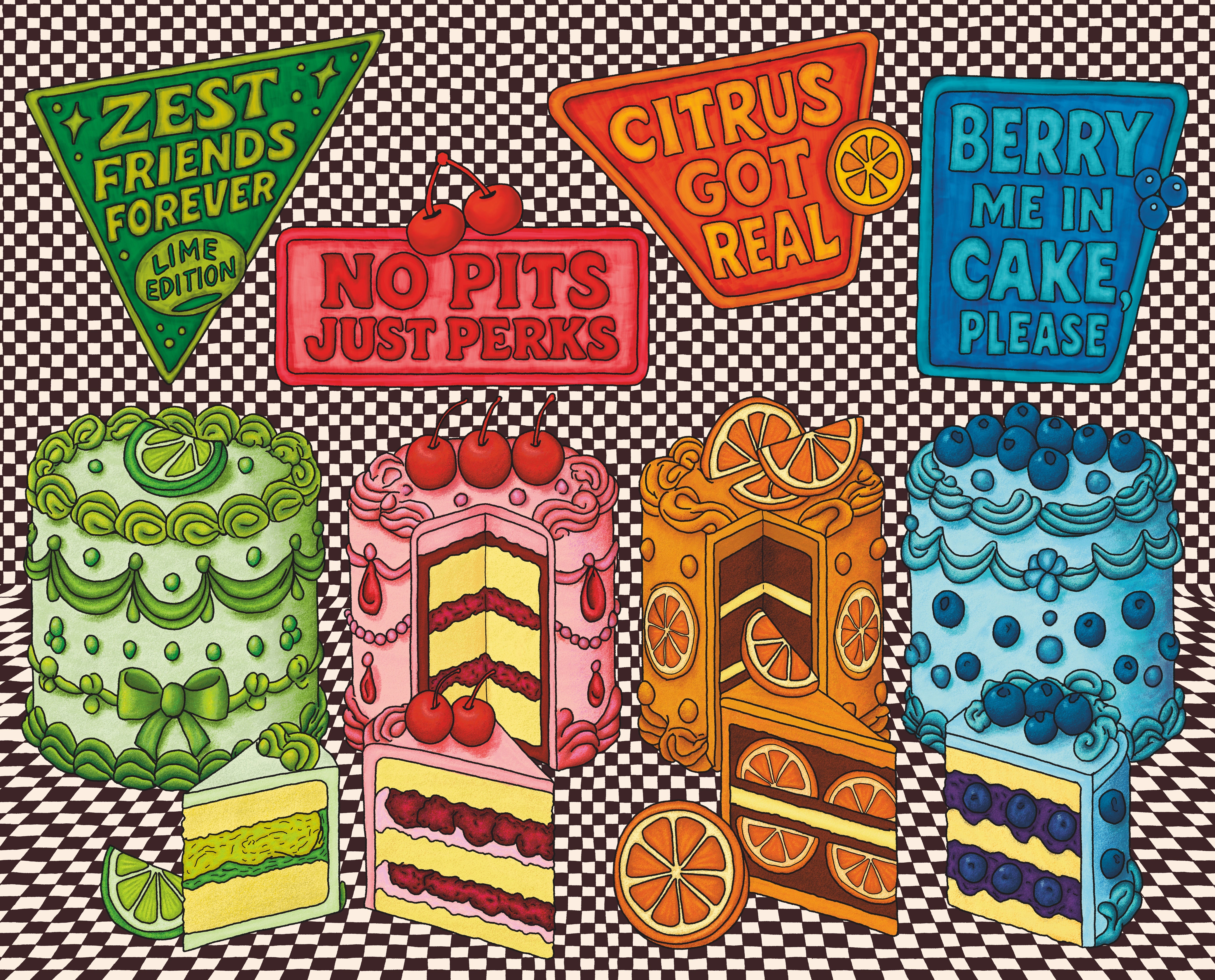 Full illustration for Huntley House Frosted Feelings 1000-piece puzzle featuring colorful cakes and retro signs like Citrus Got Real and Berry Me In Cake Please