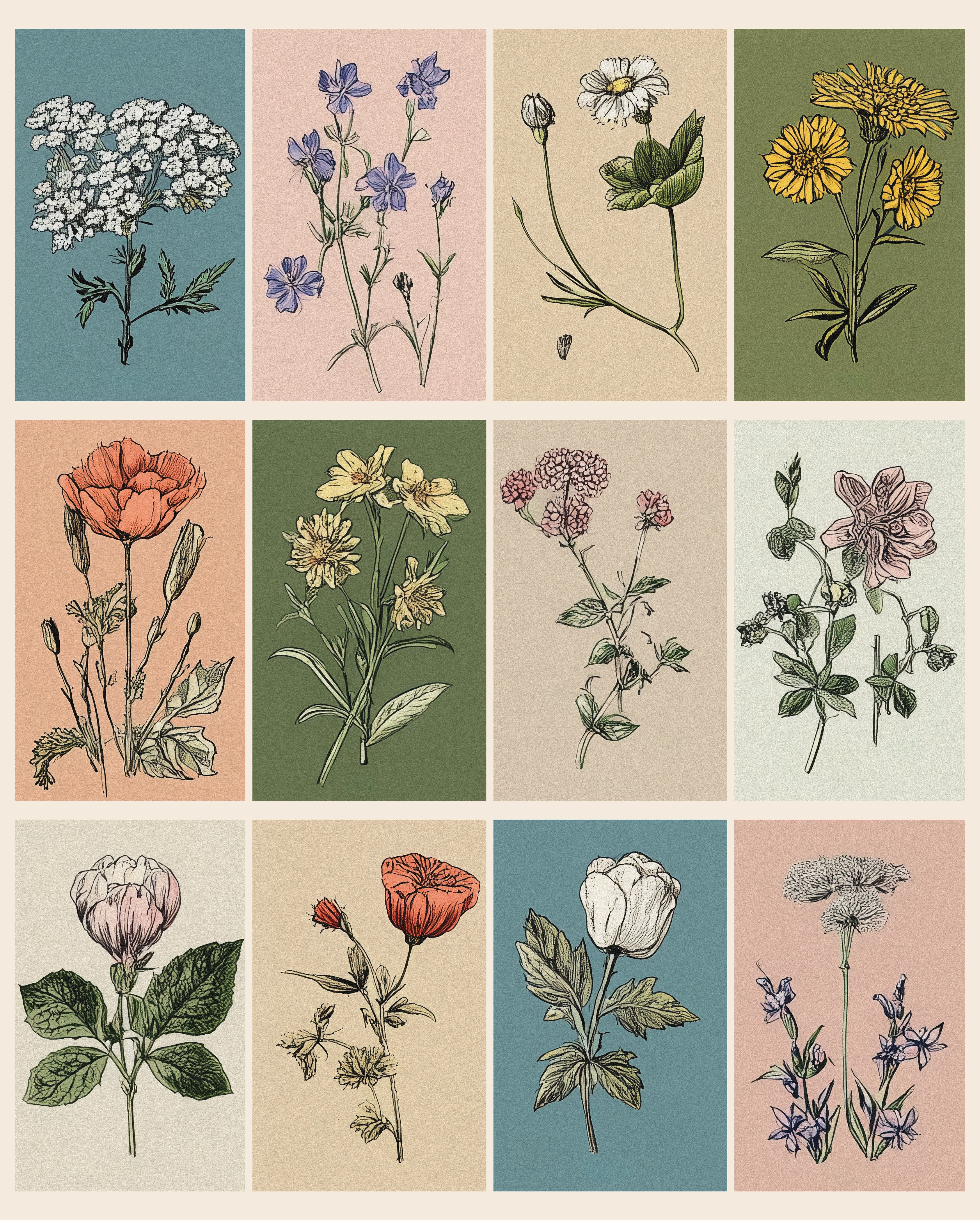 Full digital illustration design for Huntley House Pastel Petals puzzle, showcasing a 12-panel grid of aesthetic vintage cottagecore flowers like roses, daisies, and wildflowers