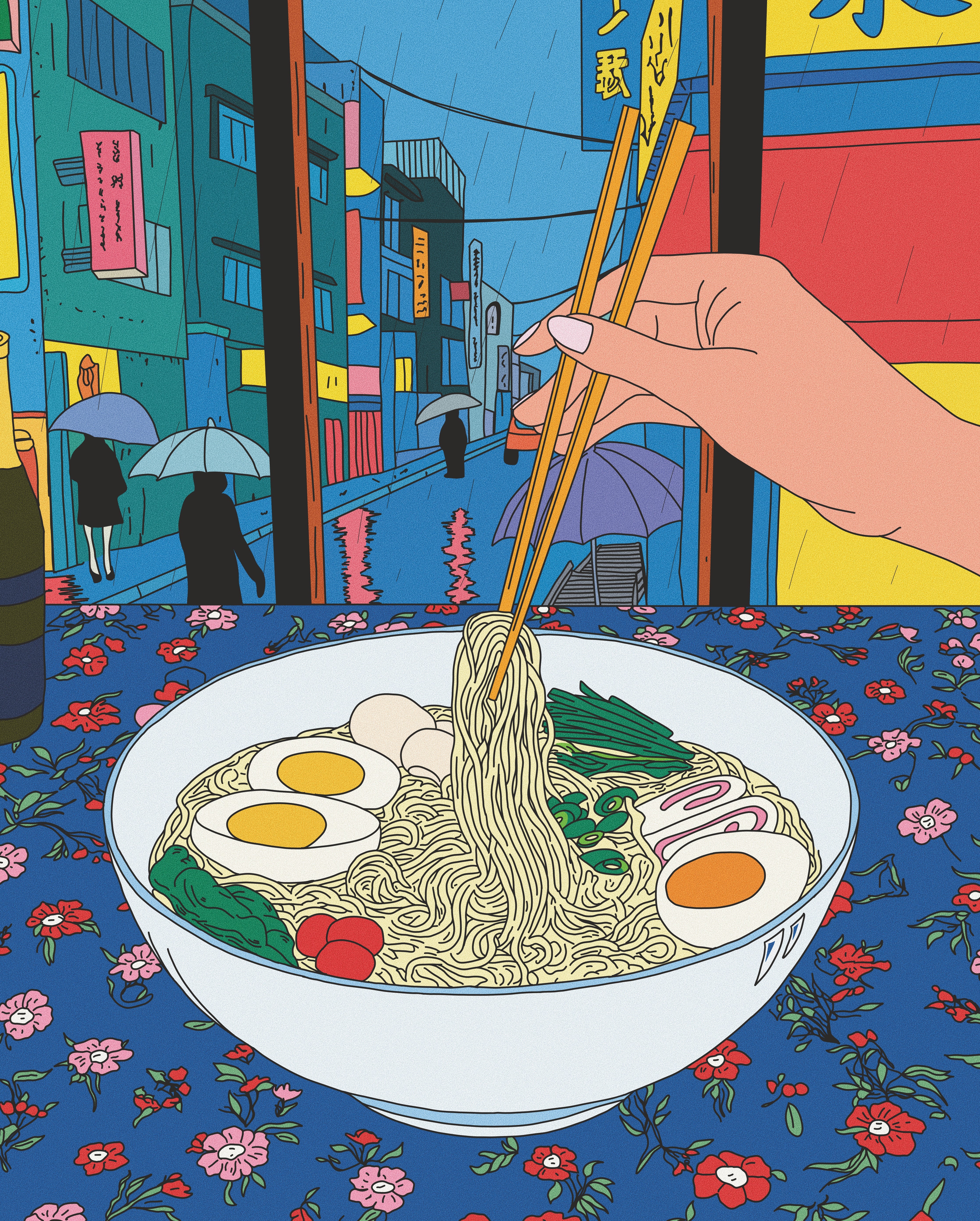 Full illustration for Huntley House Rainy Ramen 1000-piece puzzle showcasing a vibrant pop-art design of a ramen bowl, chopsticks, and a rainy Tokyo-style street scene