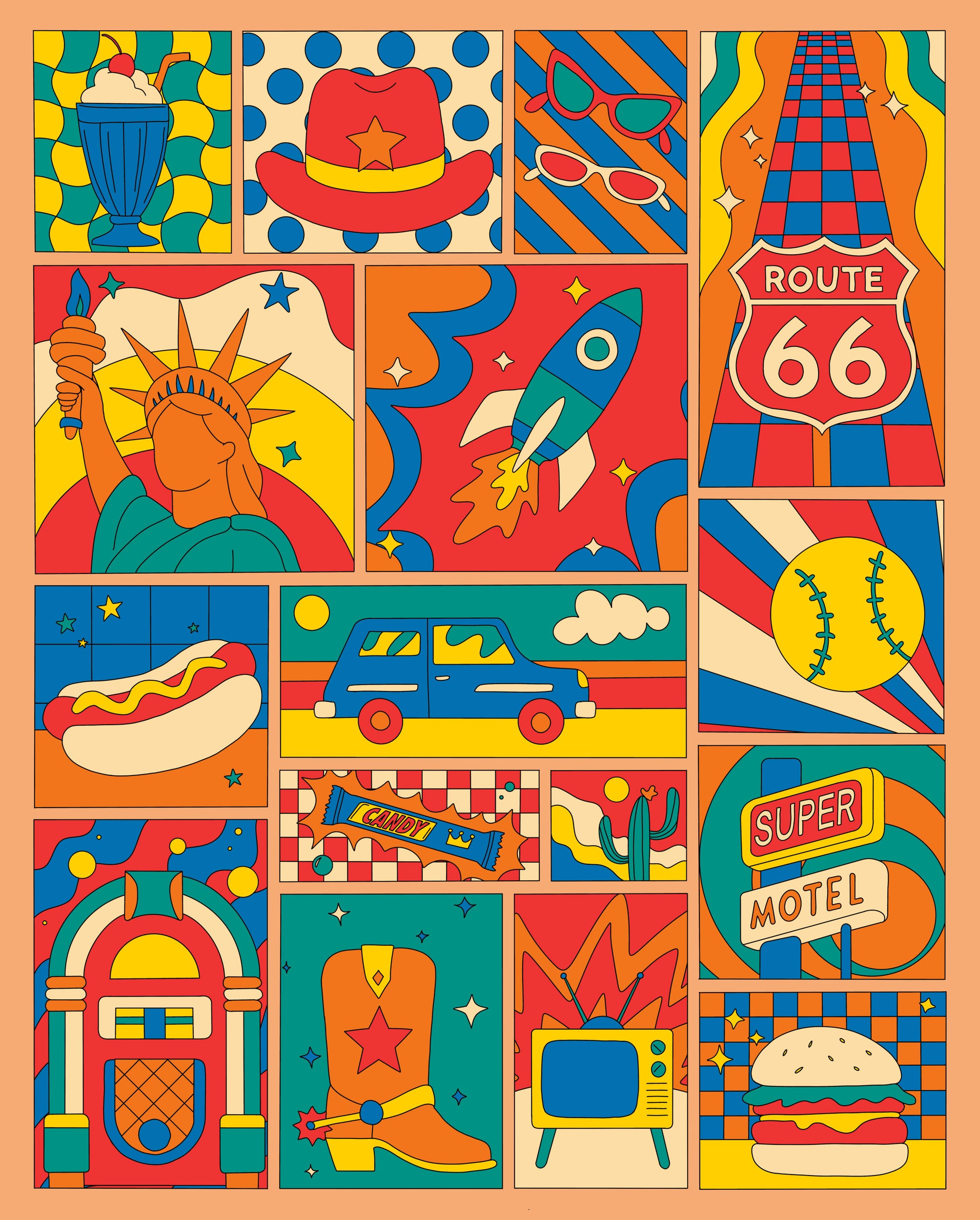 Colorful retro Americana artwork for Route Retro jigsaw puzzle by Huntley House, featuring Route 66, Statue of Liberty, jukebox, and cowboy themes