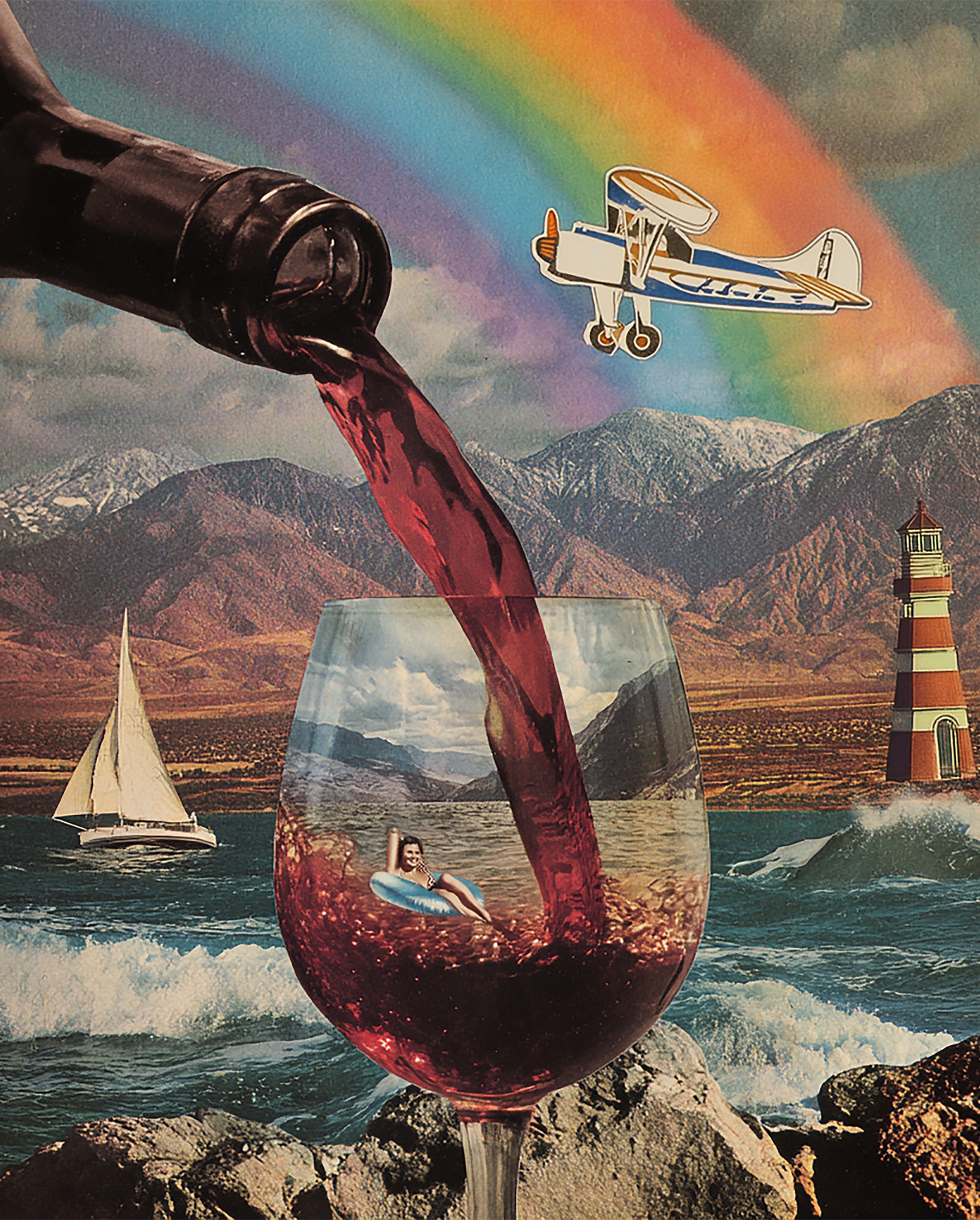 Full surrealism illustration for Huntley House Vino Voyage 1000-piece puzzle, showing a sailboat inside a wine glass, a coastal lighthouse, and a vintage airplane flying over a rainbow
